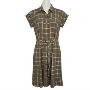 Calvin Klein Women's Green Cream Plaid Button-Up Belted Midi Shirtdress Size 4